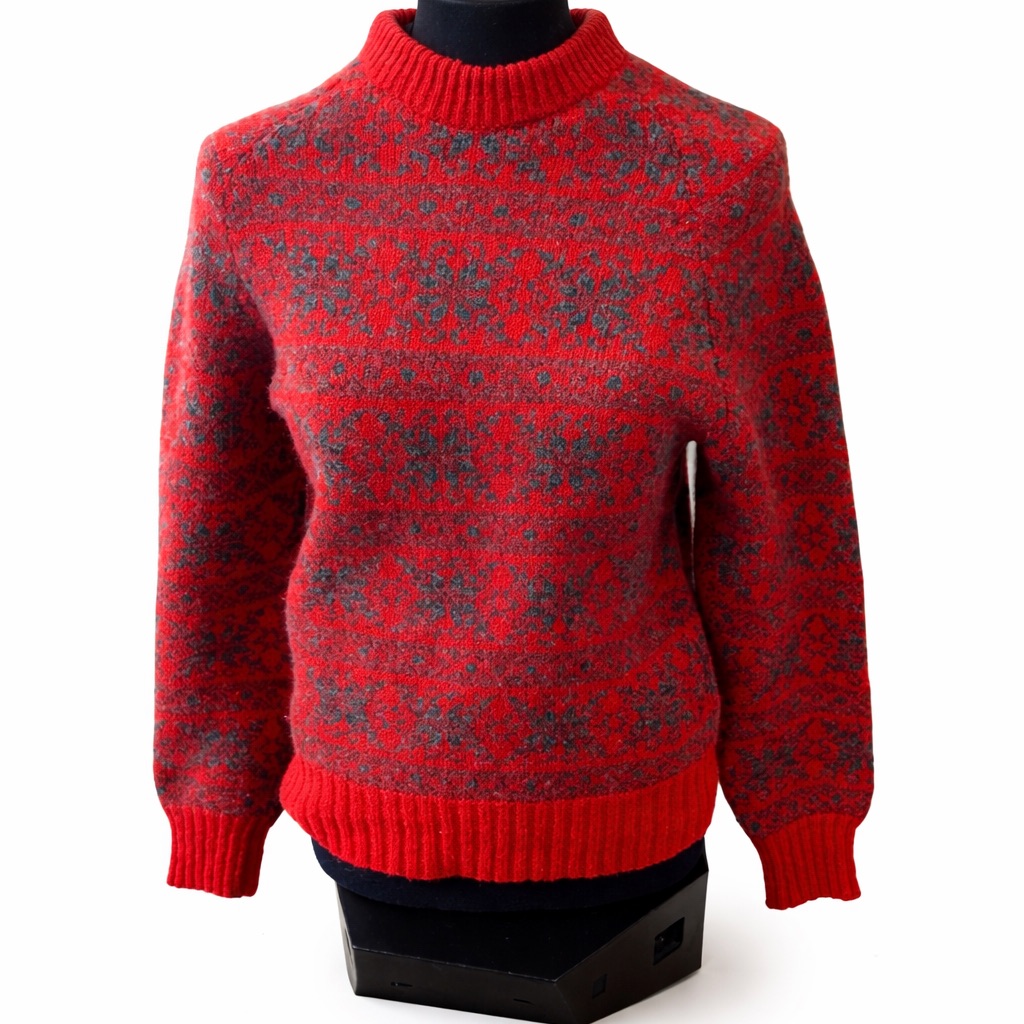 Neva Mcintosh Royal Mile Edinburgh Handmade Red & Gray Fair Isle Wool Sweater